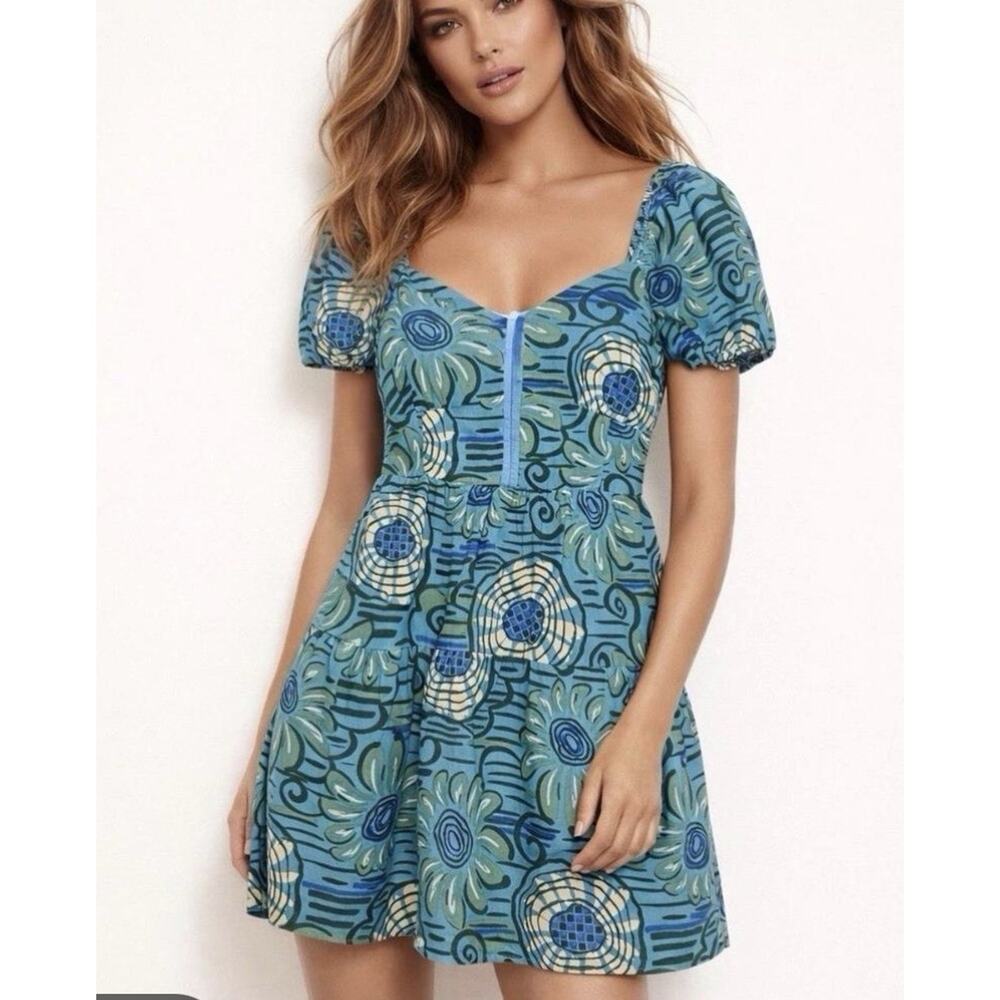 House of Harlow Linen Blend Blue Teal Floral Print Puff Sleeve Mini Dress Large - Picture 2 of 6